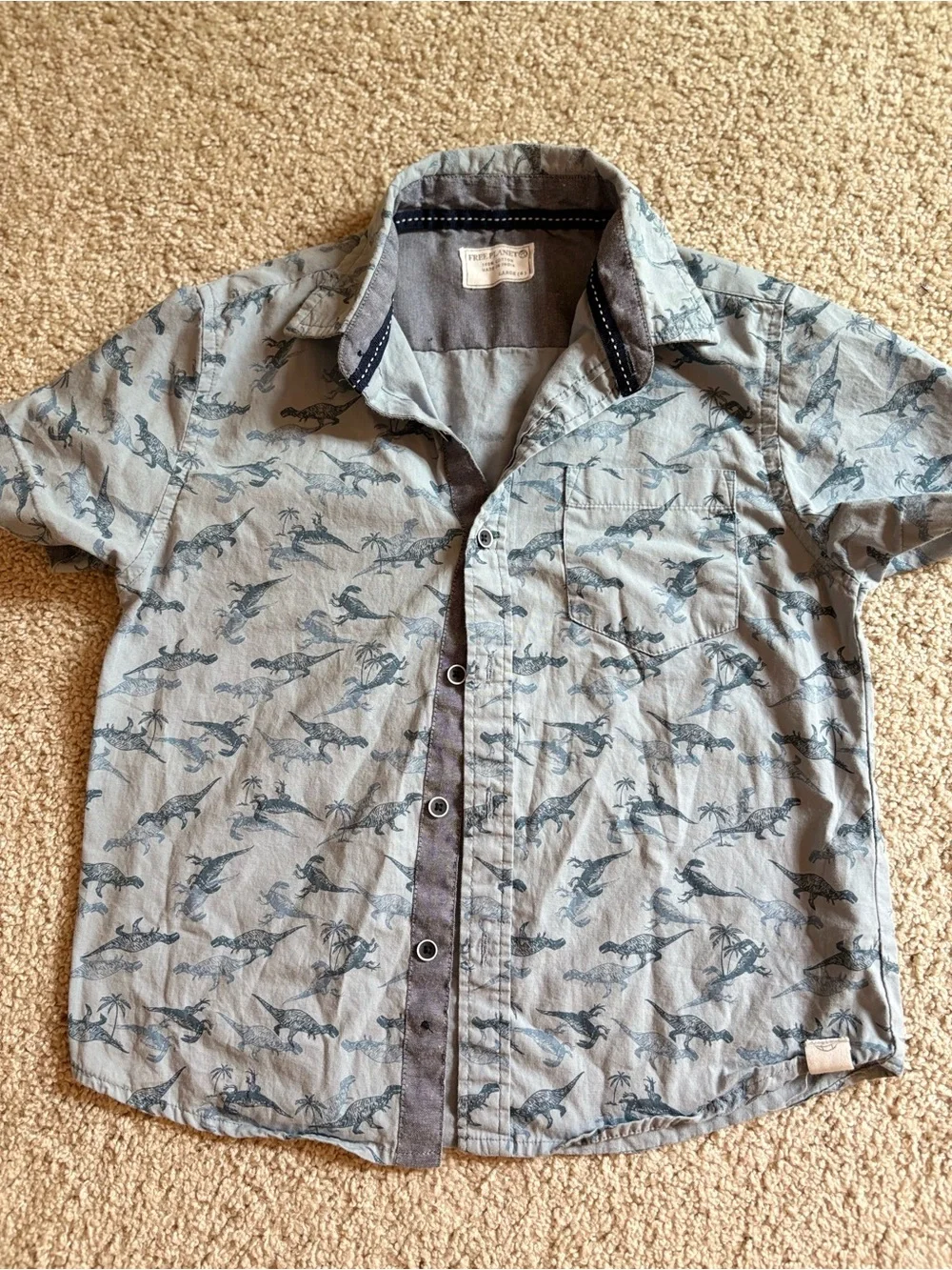 Light Blue Short-Sleeve Button Shirt with Navy Dino Print